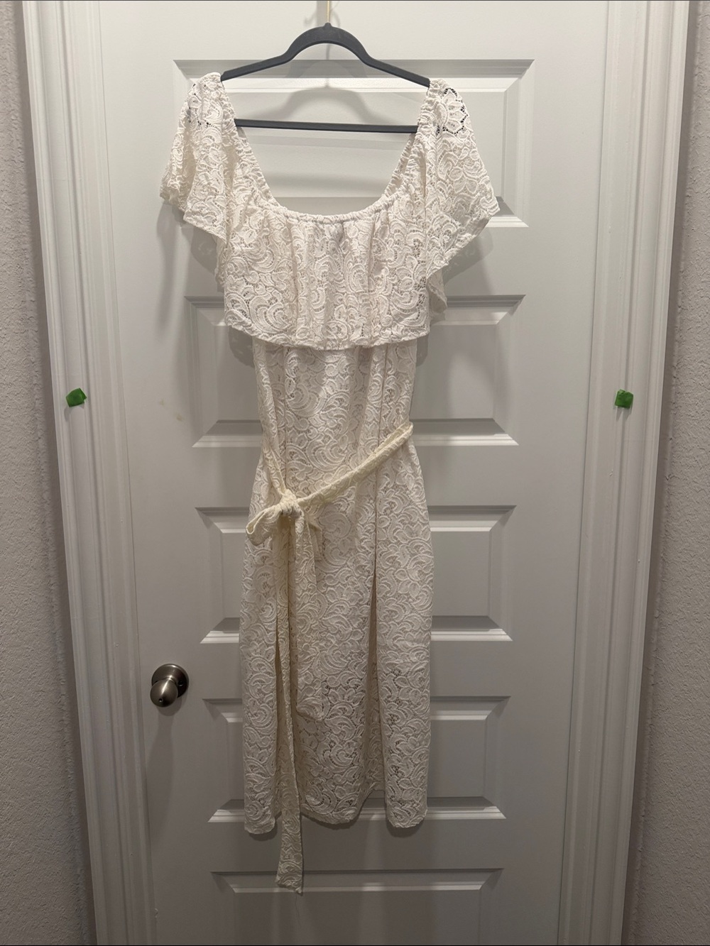 Lane Bryant White Lace Midi Dress with Ruffle Neckline